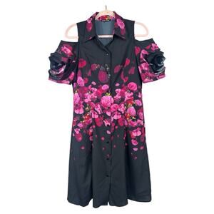 Samuel Dong  Floral midi dress open shoulder ruffle sleeves black and pink